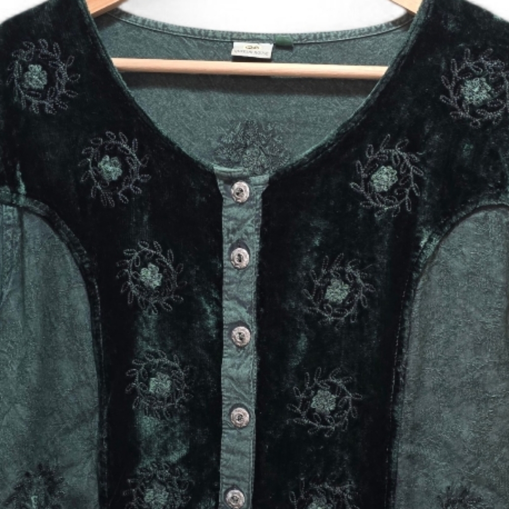 Velvet Embroidered Button-Up Top - Picture 3 of 11